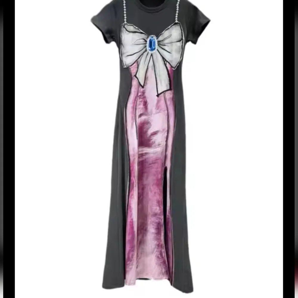 Women's Pearl Bows Print Split Dress Trendy Round Neck Short Sleeves - Picture 5 of 7